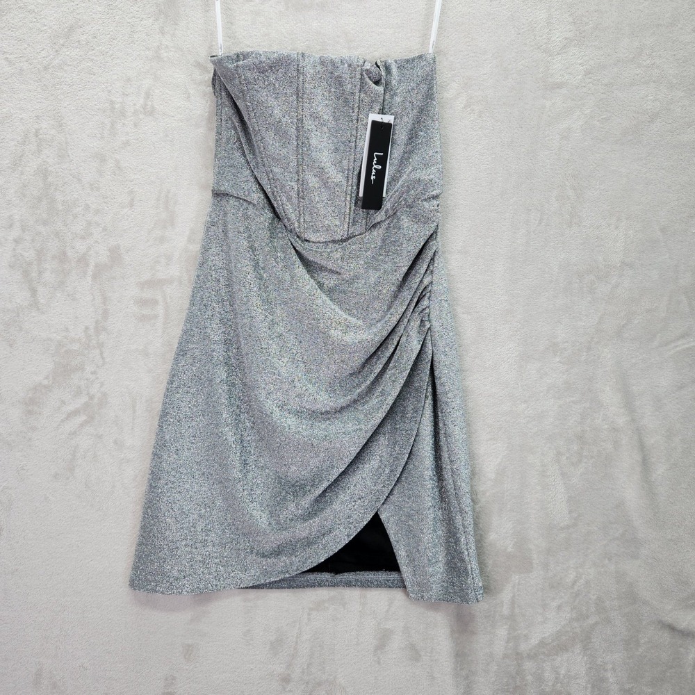Lulus Sensational Shine Mini Dress Womens Large Silver Strapless Ruched Holiday